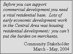 Text Box: Before you can support commercial development you need a vital residential base.  Lots of early economic development work in the Central Area was housing residential development:  you cant put the burden on merchants.
Community Stakeholder
March - May, 2004
