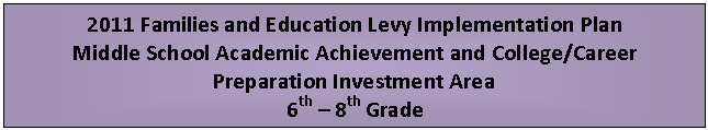 Text Box: 2011 Families and Education Levy Implementation Plan
Middle School Academic Achievement and College/Career Preparation Investment Area
6th  8th Grade
